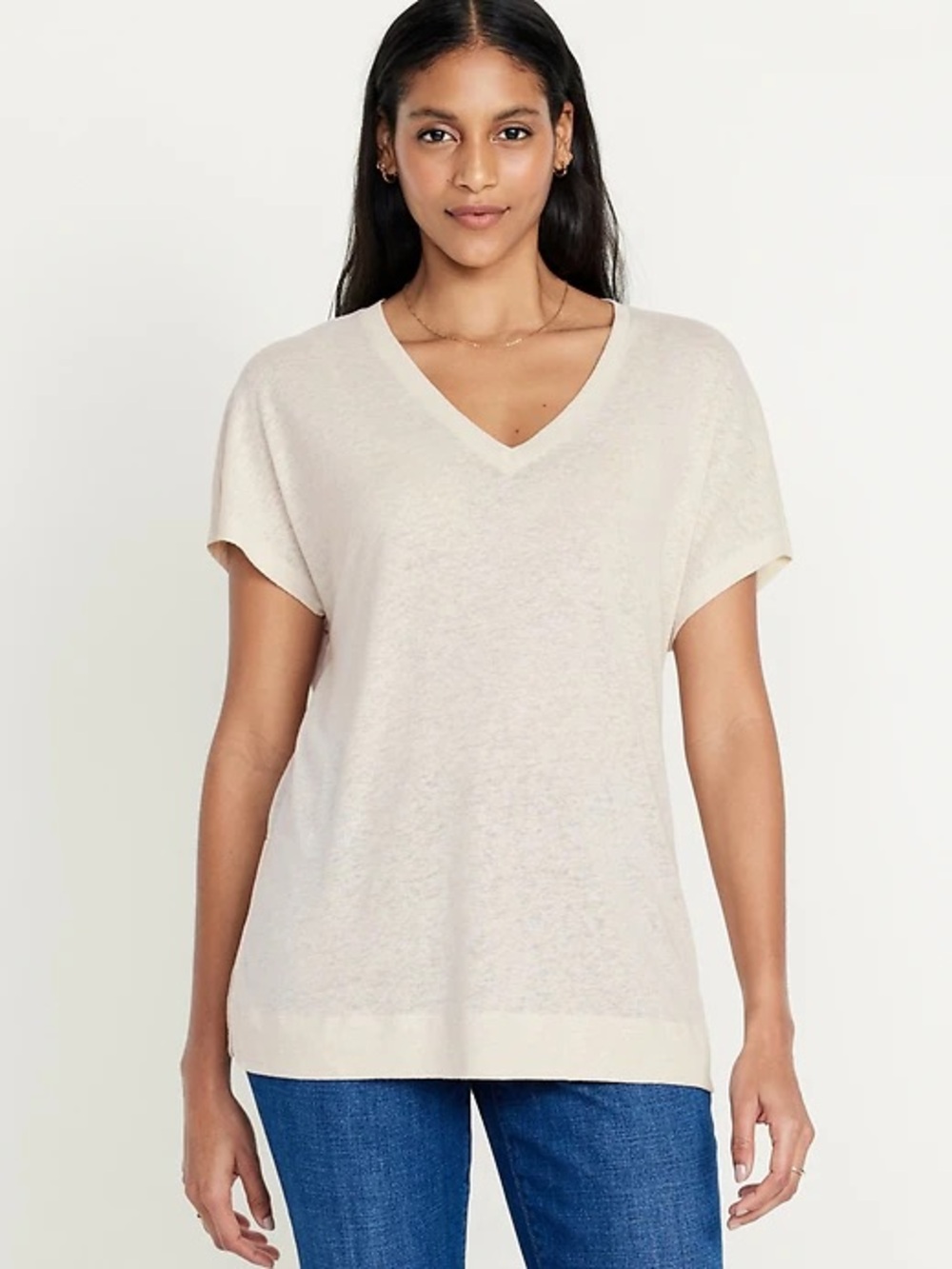 Brass Linen/Tencel V-neck Twisted Sleeve Tee in Lt Taupe Size Small